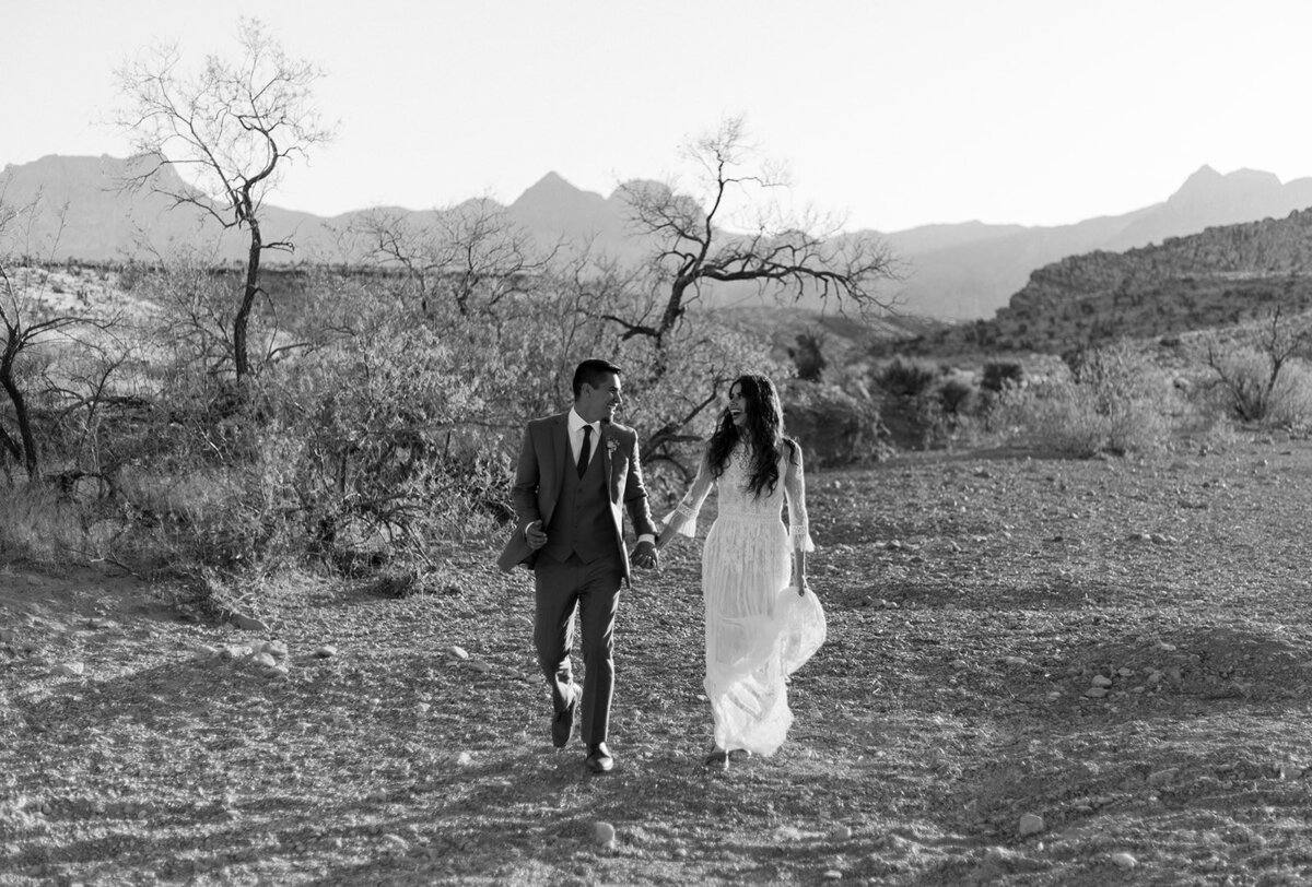 bride and groom walking in a field