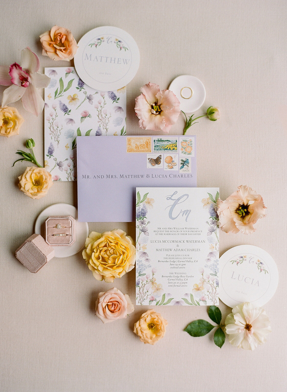 Bernardus Carmel Wedding watercolor invitations