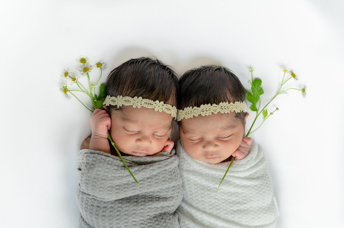 Newborn twins swaddled in grey wraps and snuggled next to each other while holding a delicate flower.