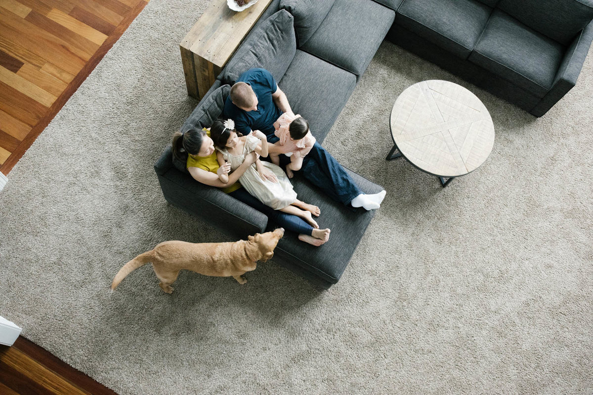 Family of four and puppy during lifestyle family session