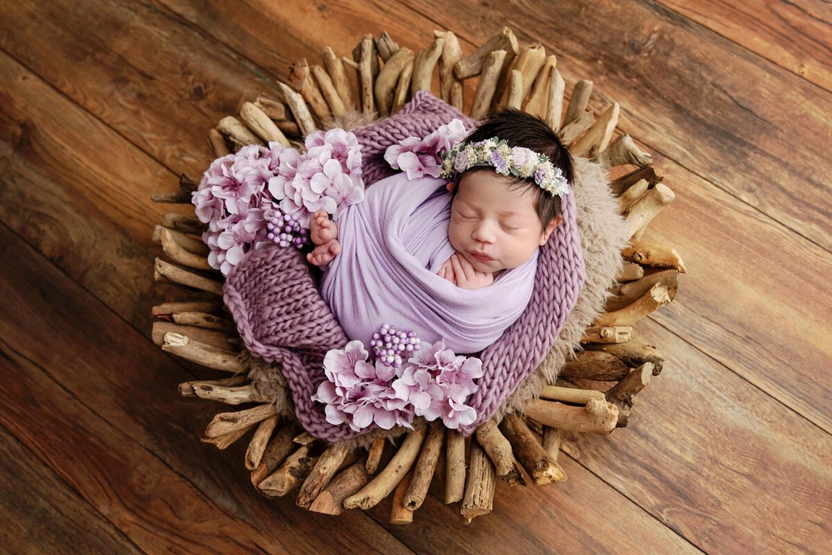 st-louis-newborn-photographer-baby-girl-in-purple-with-flowers-and-driftwood-bowl