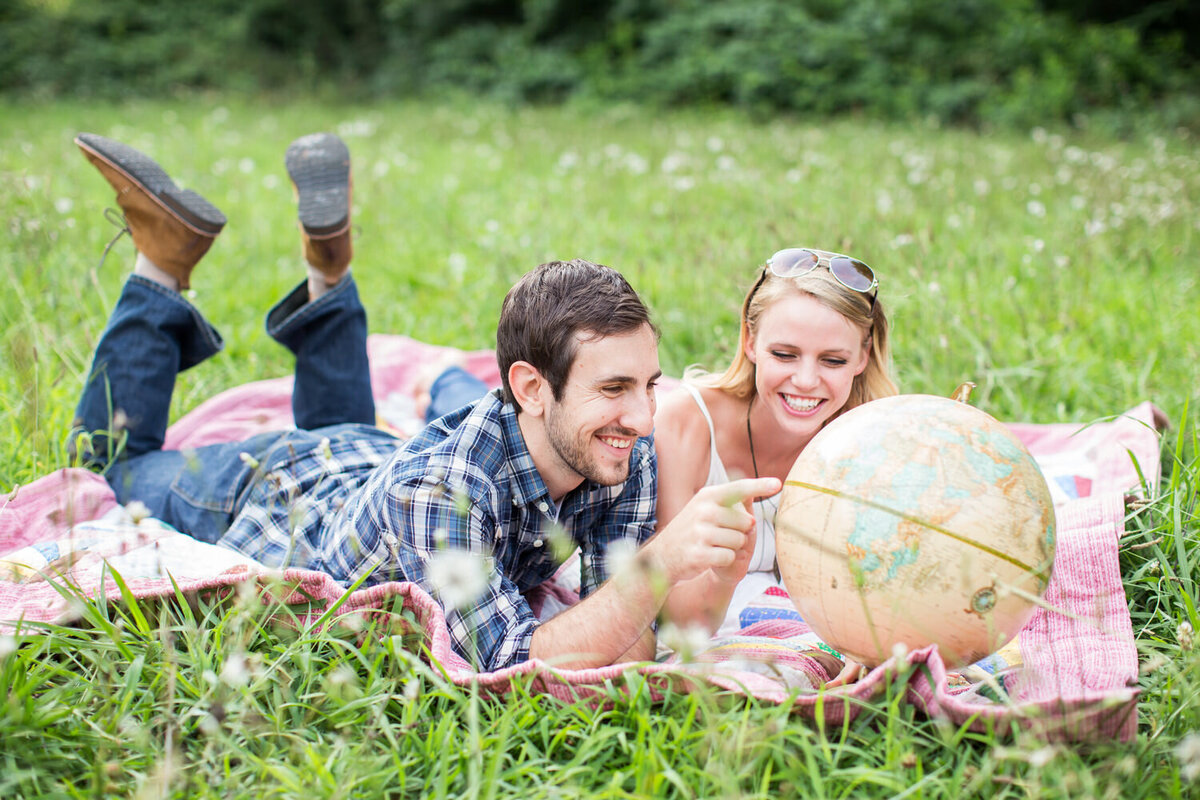 engaged couple having a spring picnic