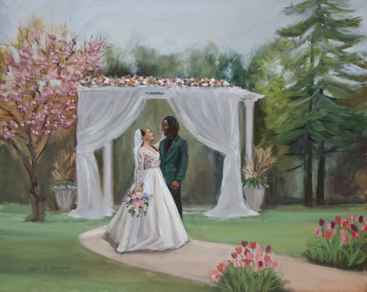 wedding art of bride and groom spring outdoor ceremony with pink trees