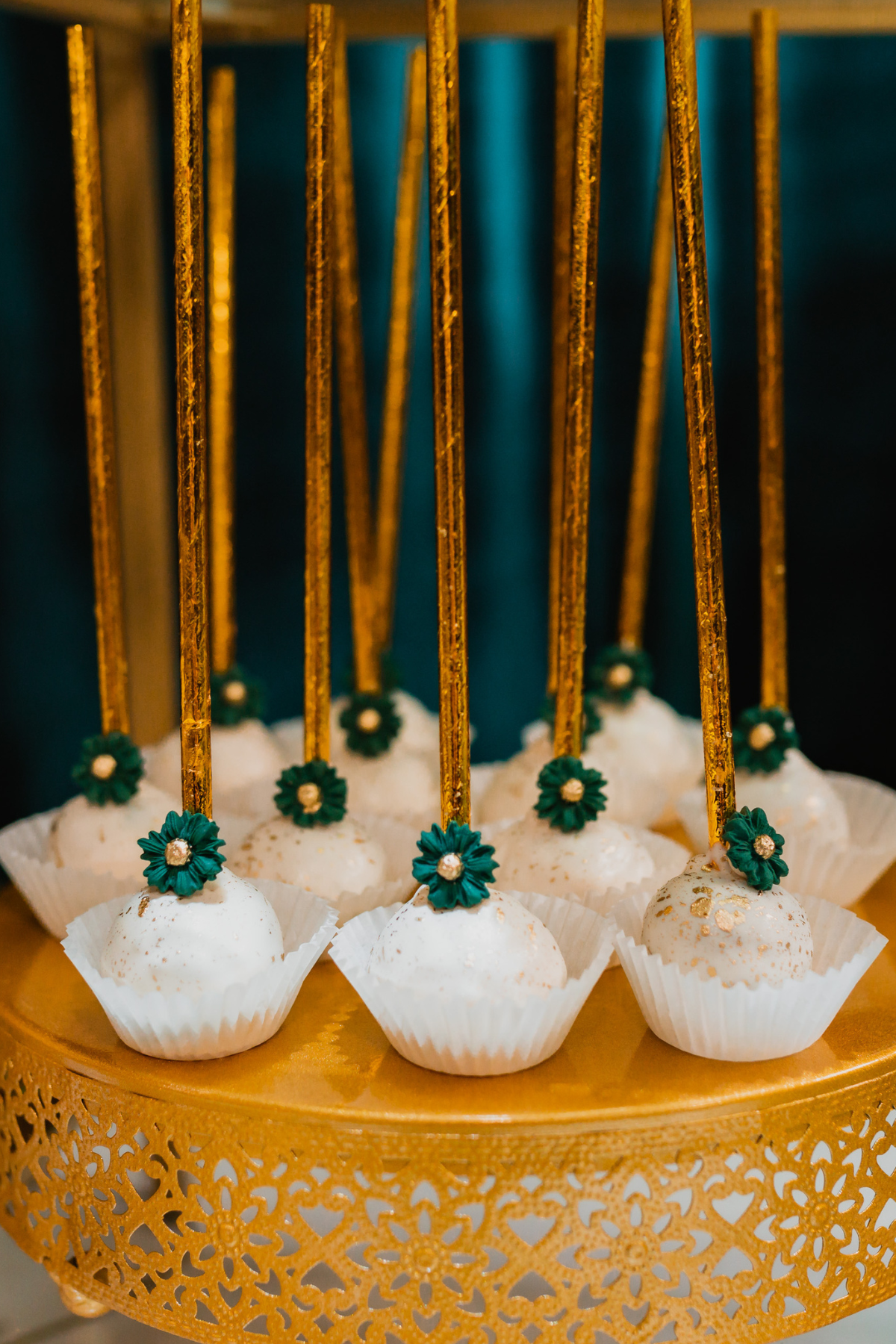 emerald-green-gold-reception-florals-centrepieces-greenery-dessert-bar-cake-pops
