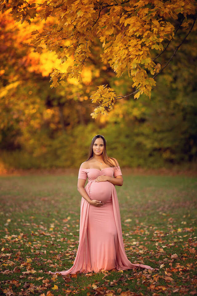 A mom to be in a pink maternity gown stands in a park field in fall holding her bump on the top and bottom while posing for a New Jersey Maternity Photographer