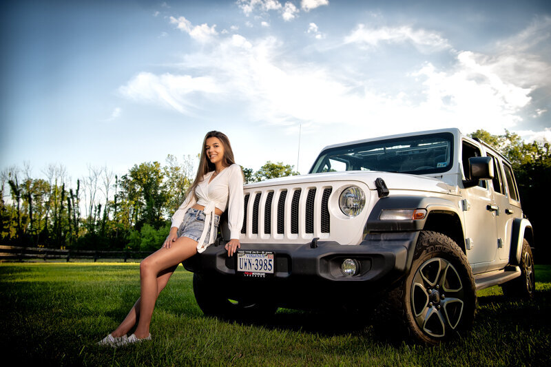 senior girl white jeep