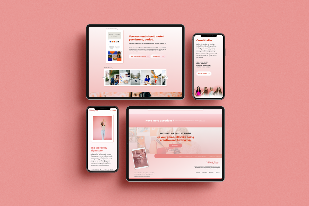 Showit website design portfolio with clean, fun, playful website  mocked up on tablets and phones on coral background