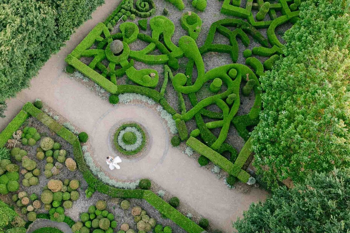 drone shot of the maze garden in Merribee House wedding venue