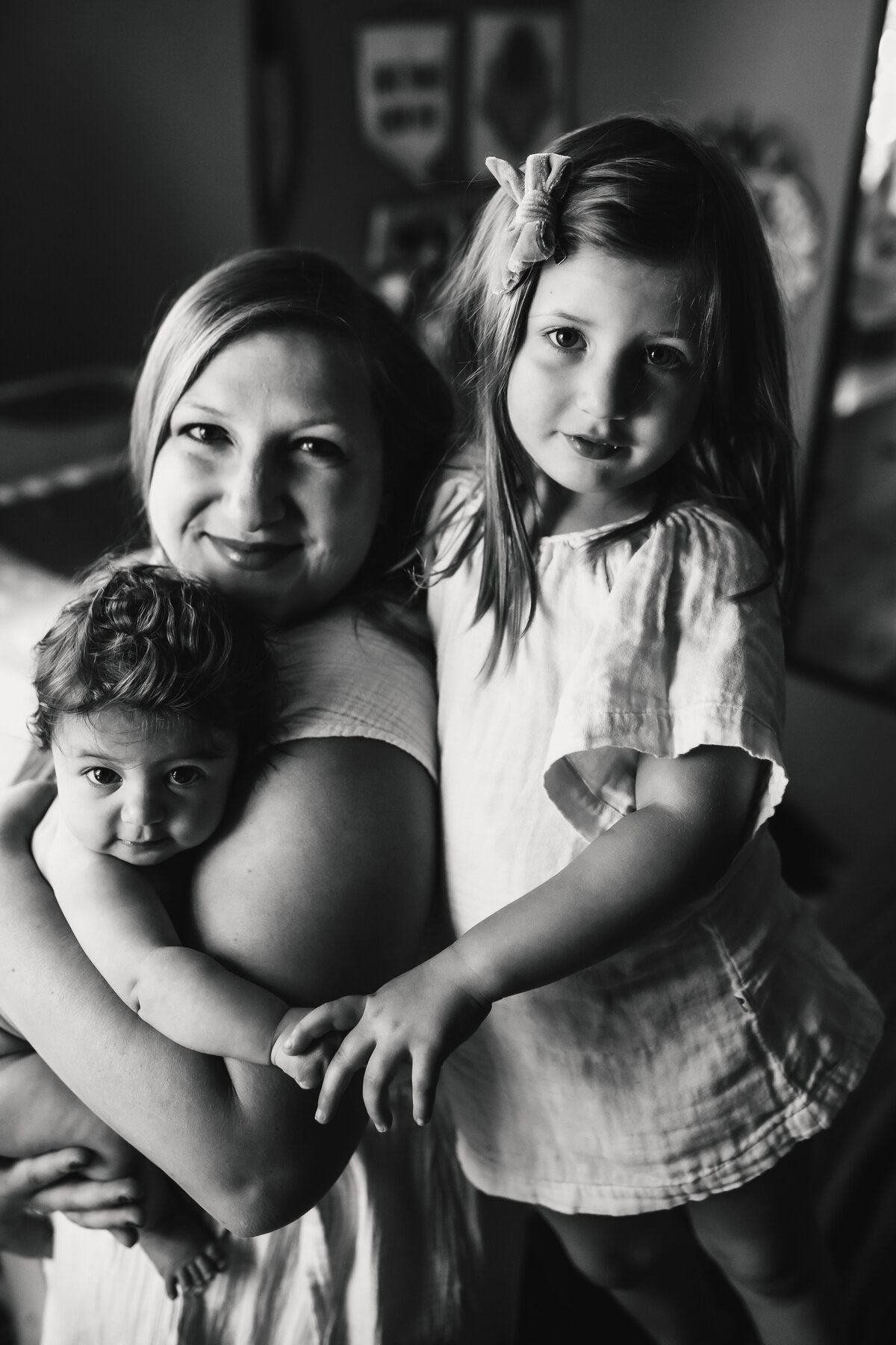 Black and white portrait of Bay Area mom and daughters