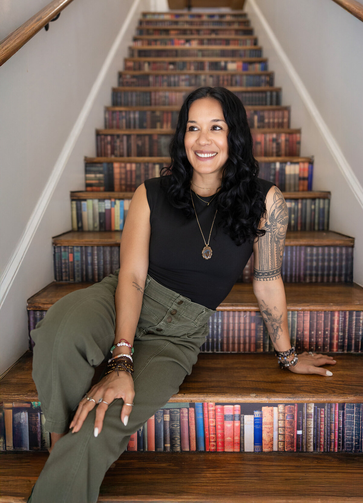 eclectic-vintage-bookstore-brand-session-backwater-books-old-ellicott-city-maryland-photoshoot-on-steps-with-entrepreneur