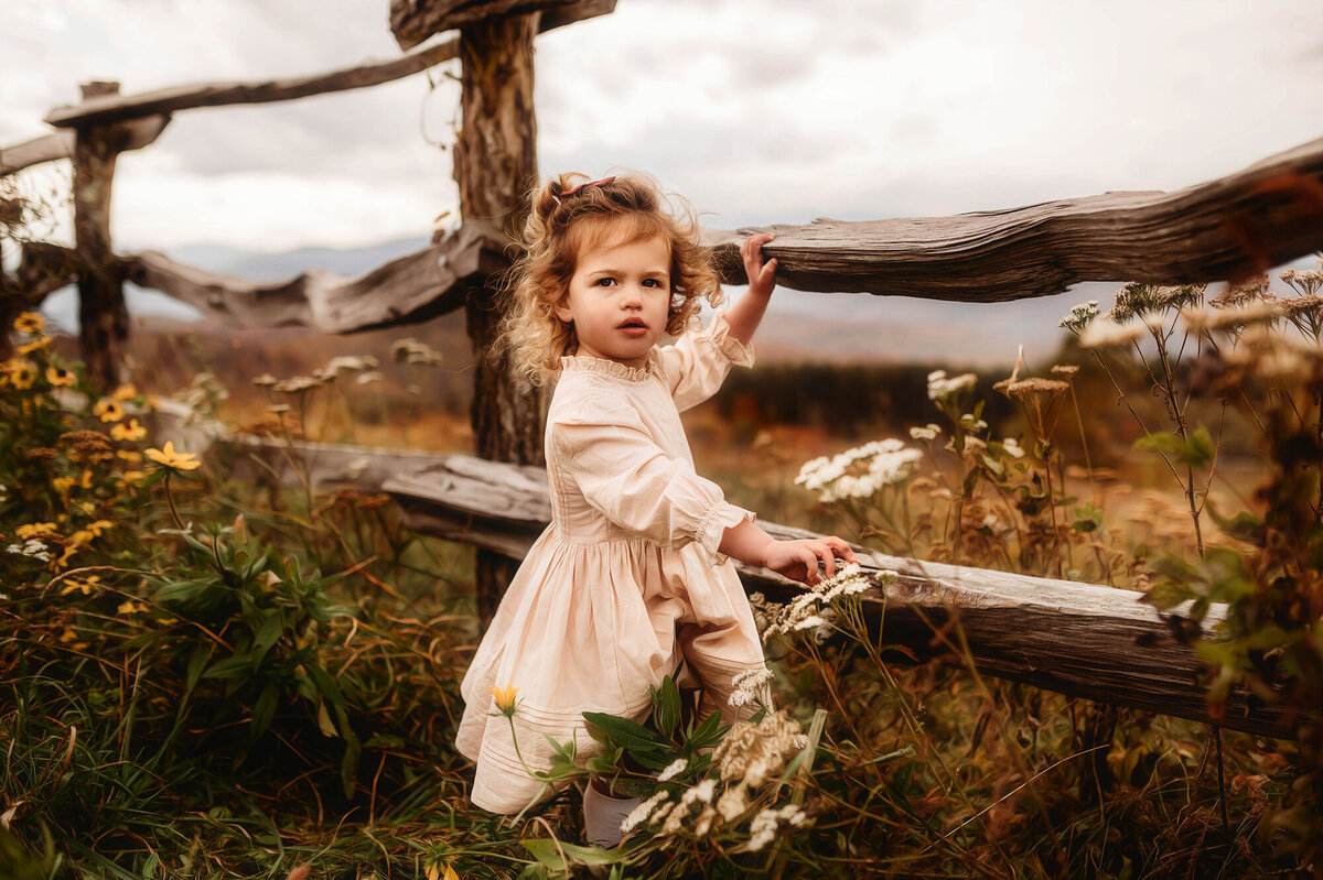 Little girl peers into the camera during Family Photoshoot at Max Patch in Asheville, NC.