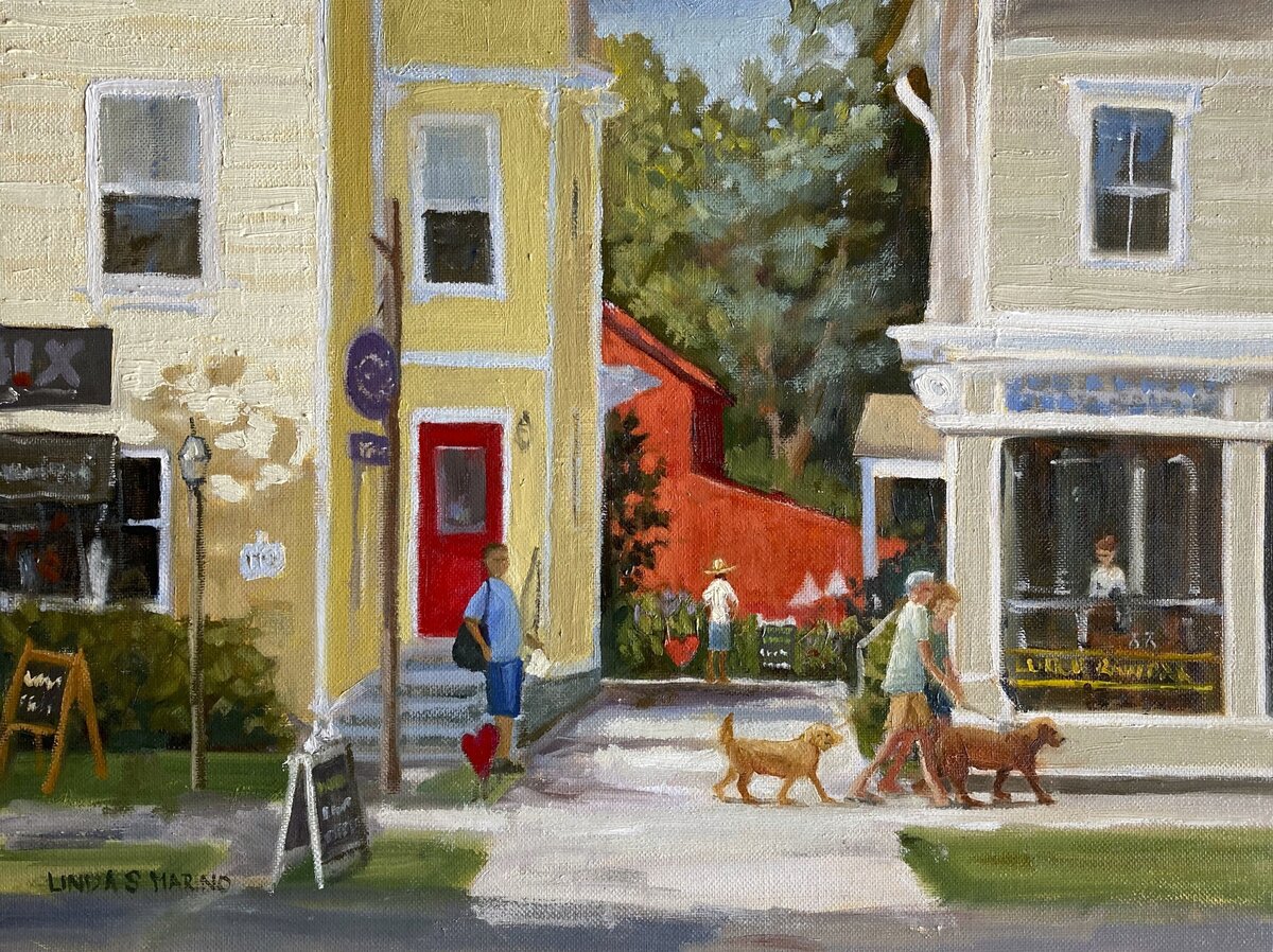 Painting of Guilford Center, Guilford CT, people walking their golden retreiver dogs by the Red barn and yellow shops and restaurants, 12 x 16, oil painting, by Connecticut painter Linda Marino
