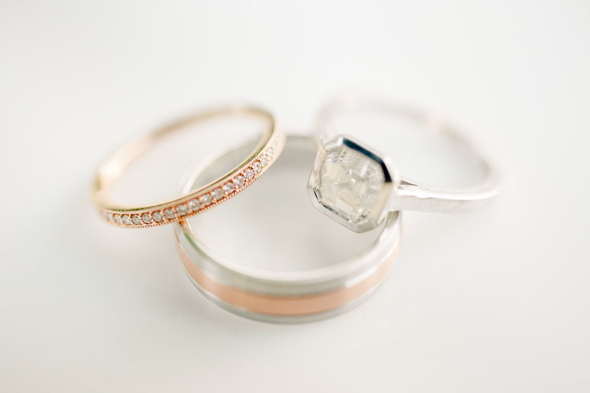 copper and white gold wedding rings on a white background wedding details
