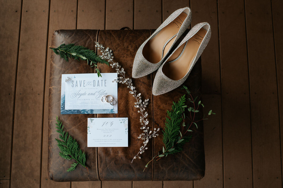 wedding shoes invitation jewelry at mountain top inn wedding