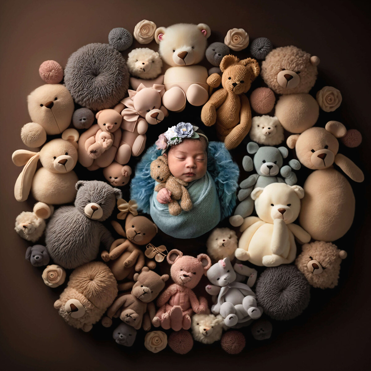 newborn baby girl laying on teddy bear