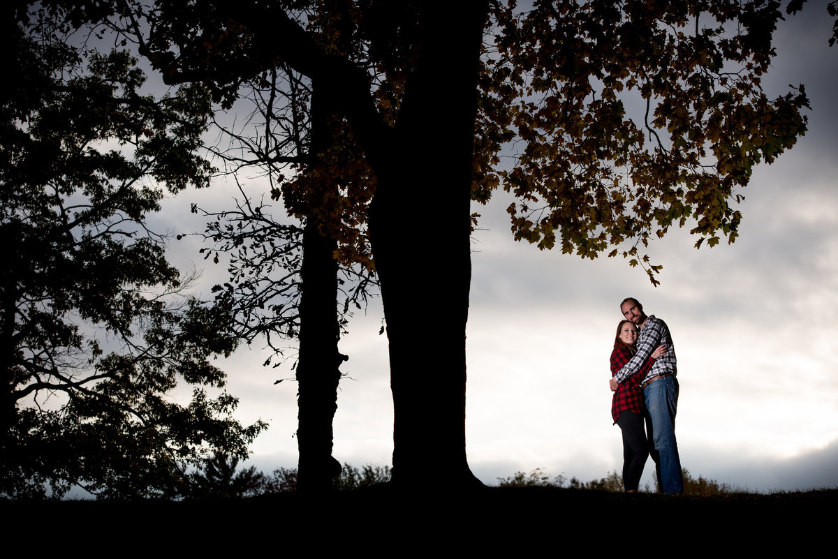 engagement-portrait-agaisnt-a-dark-sky-at-Lords-Park-Elgin-Illinois-with-silhouetted-trees