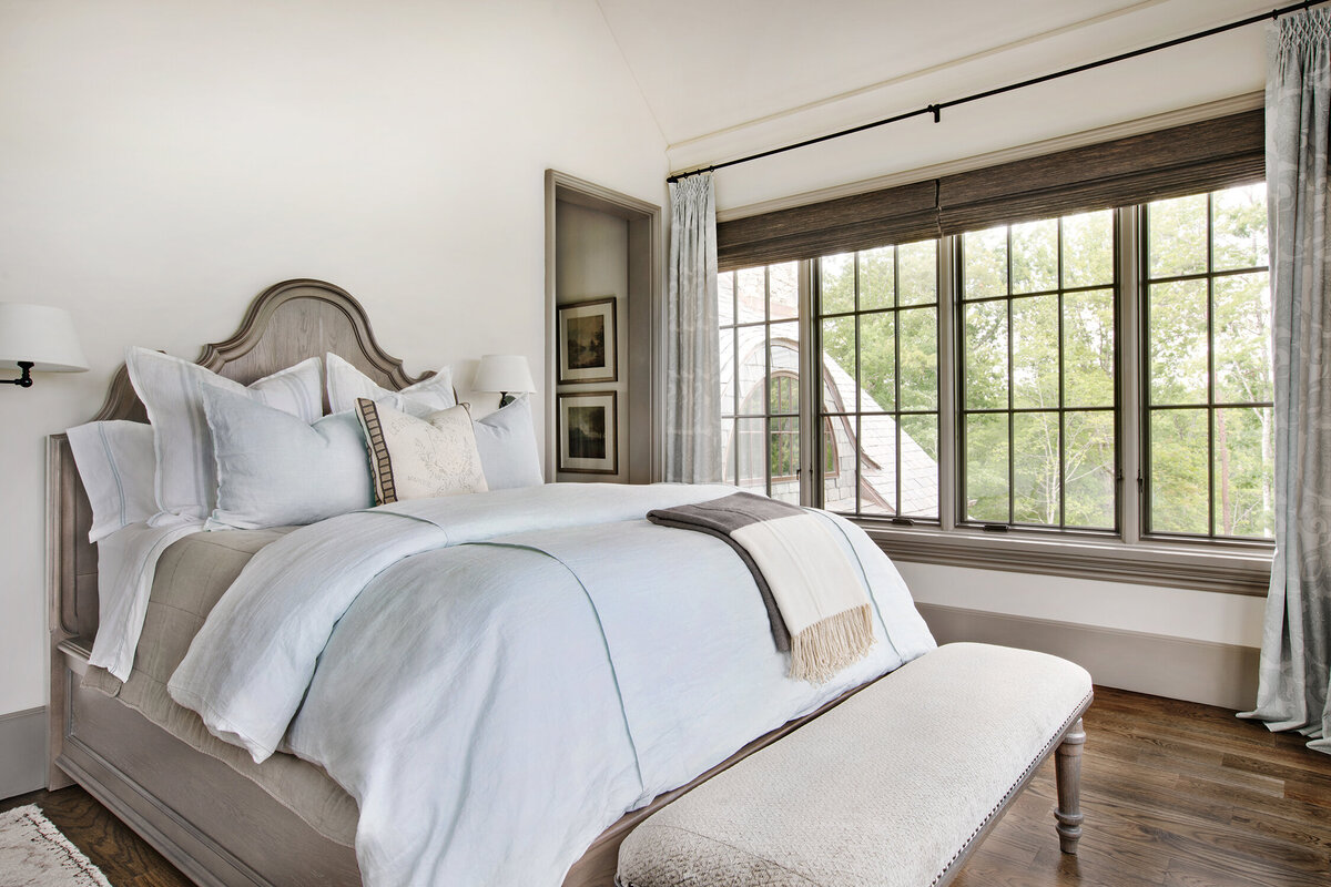 Panageries Residential Interior Design | Traditional Mountain Roost Guest Bedroom with Soothing Light Blue and Cream Colors