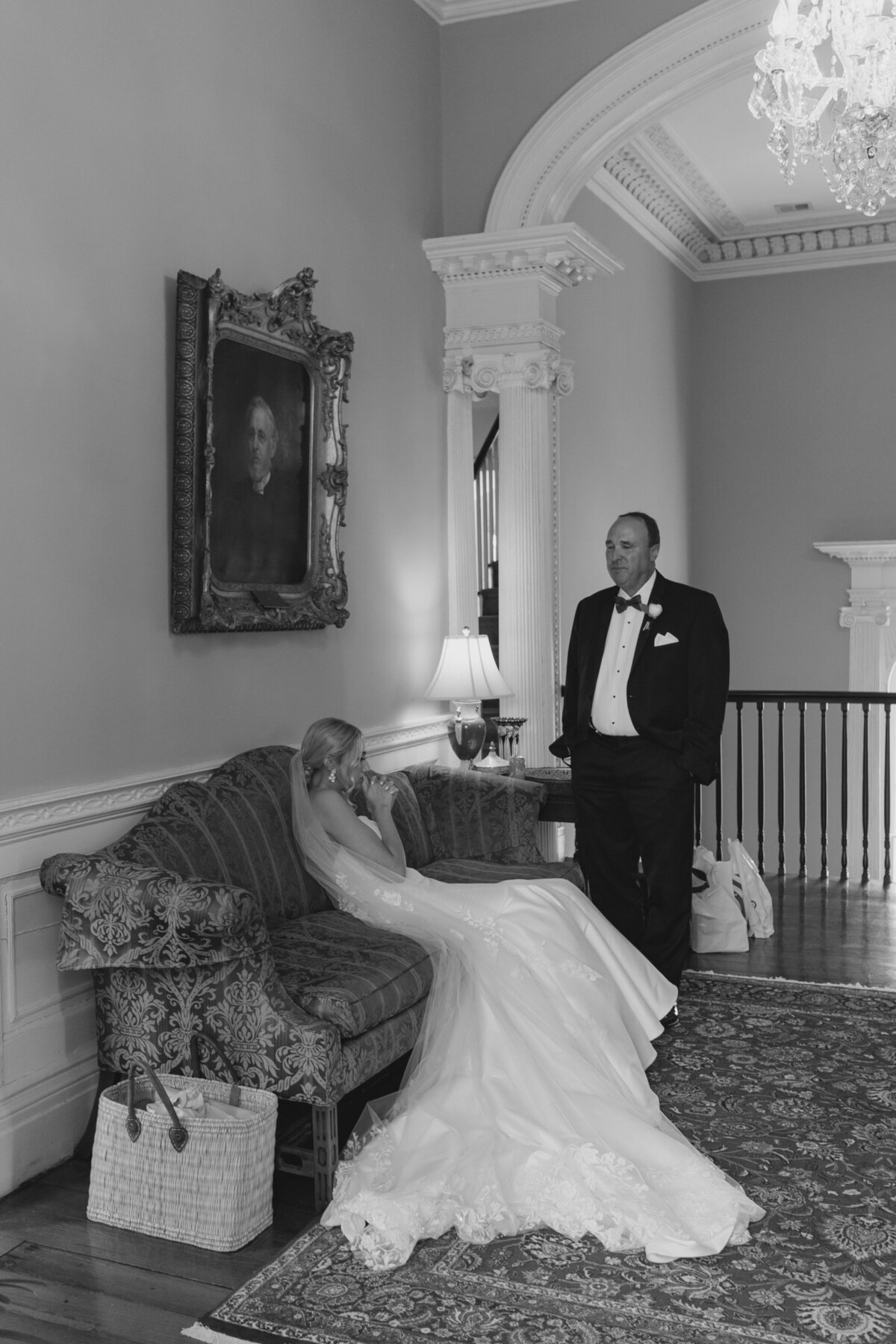 Moments before Thomas Bennett House spring wedding ceremony father of the bride with daughter. Intimate candid black and white wedding photo. Kailee DiMeglio Photography.