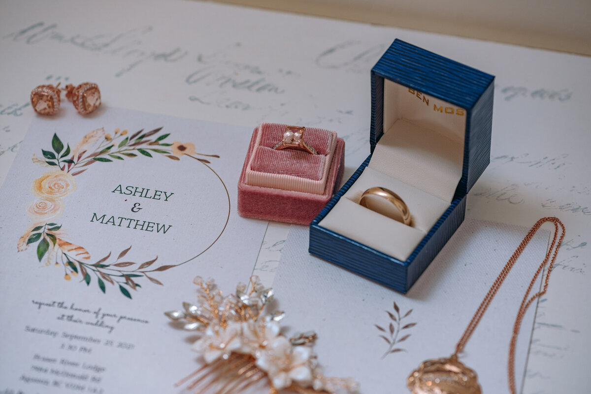 Wedding invitations with rings and wedding details, on a wedding day.