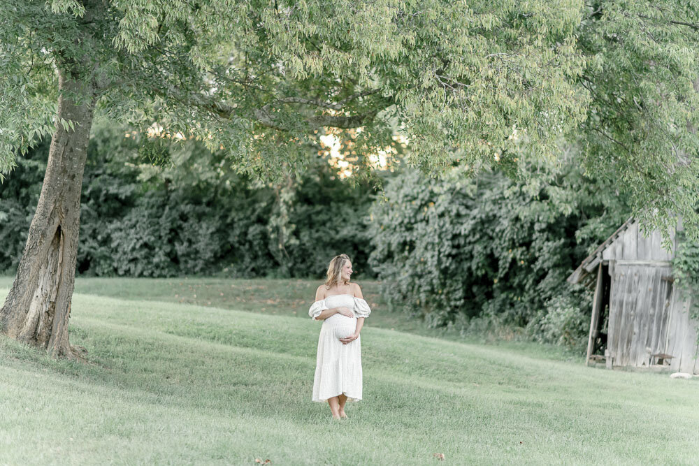 Pregnant woman stands under a tree at Harlinsdale Farm  By Nashville maternity photographer Kristie Lloyd