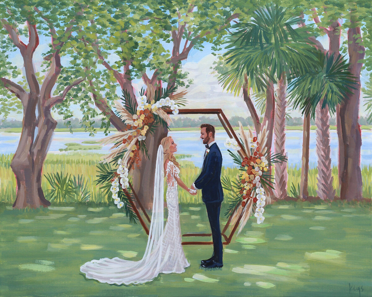 Live Wedding Painter from Charleston captures painting of ceremony at Lowndes Grove in downtown Charleston.  The ceremony featured an octagonal ceremony arch with rustic florals and pampass grass overlooking sunset marsh view of water