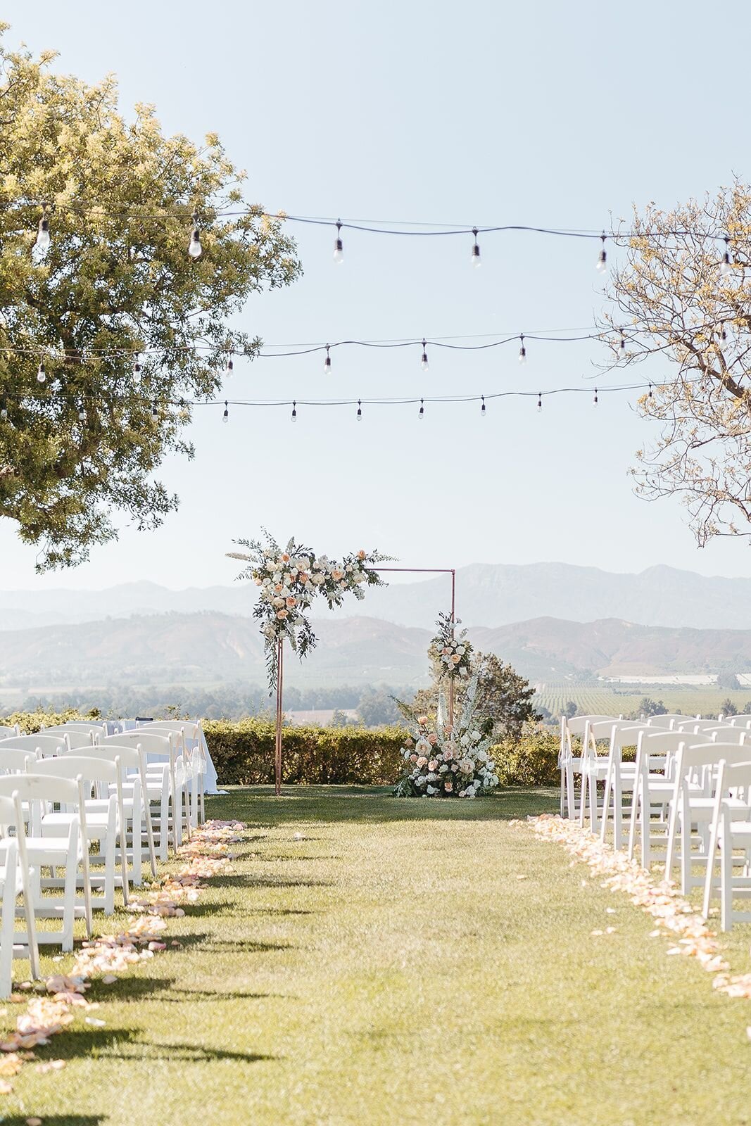 The wedding arbor lined by beautiful flowers overlooking rolling hills.