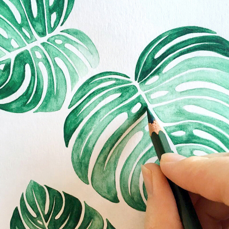 watercolor painting of monstera leaves in progress