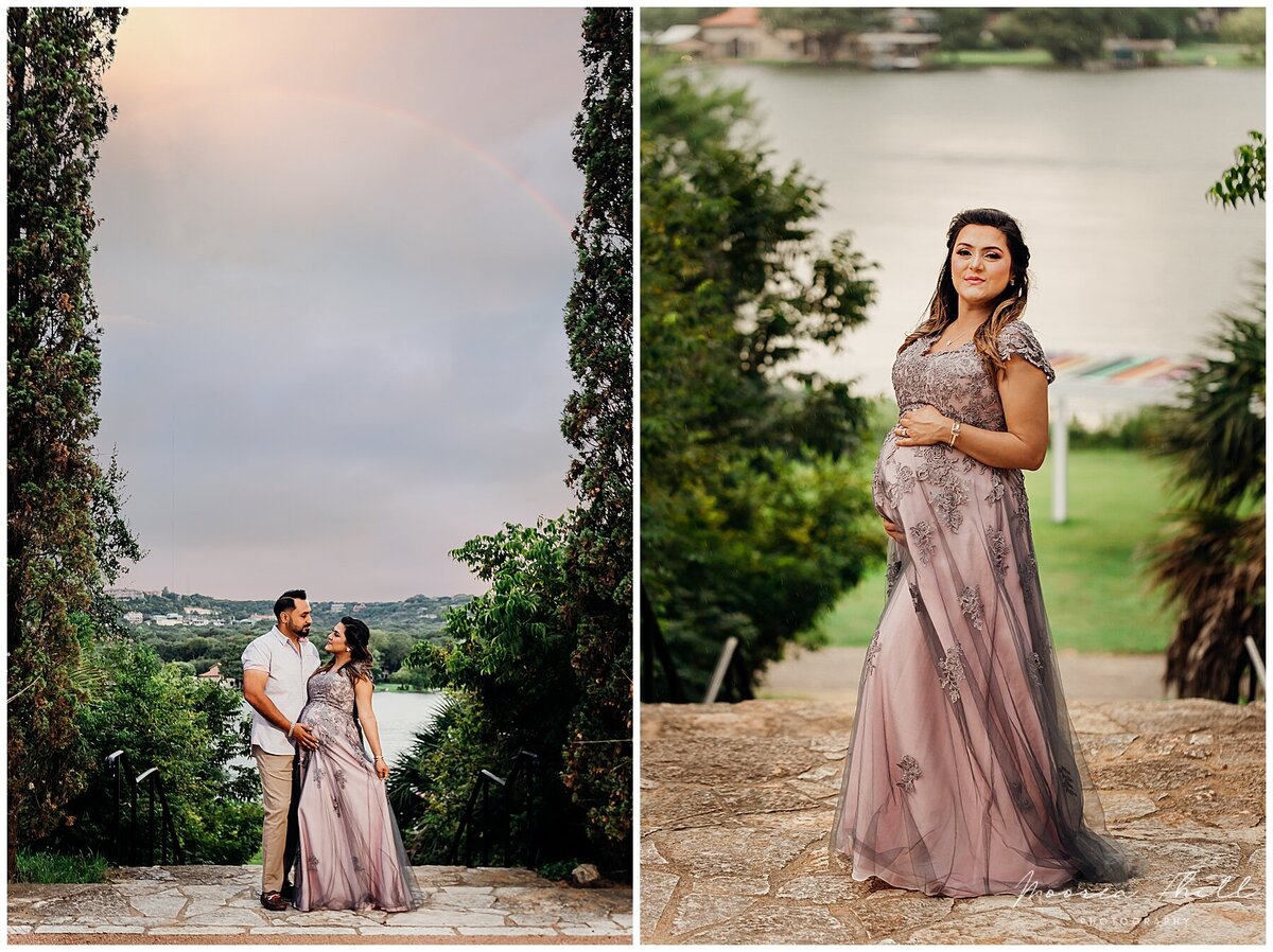 pregnancy photo session at laguna gloria with husband and wife and rainbow in the sky