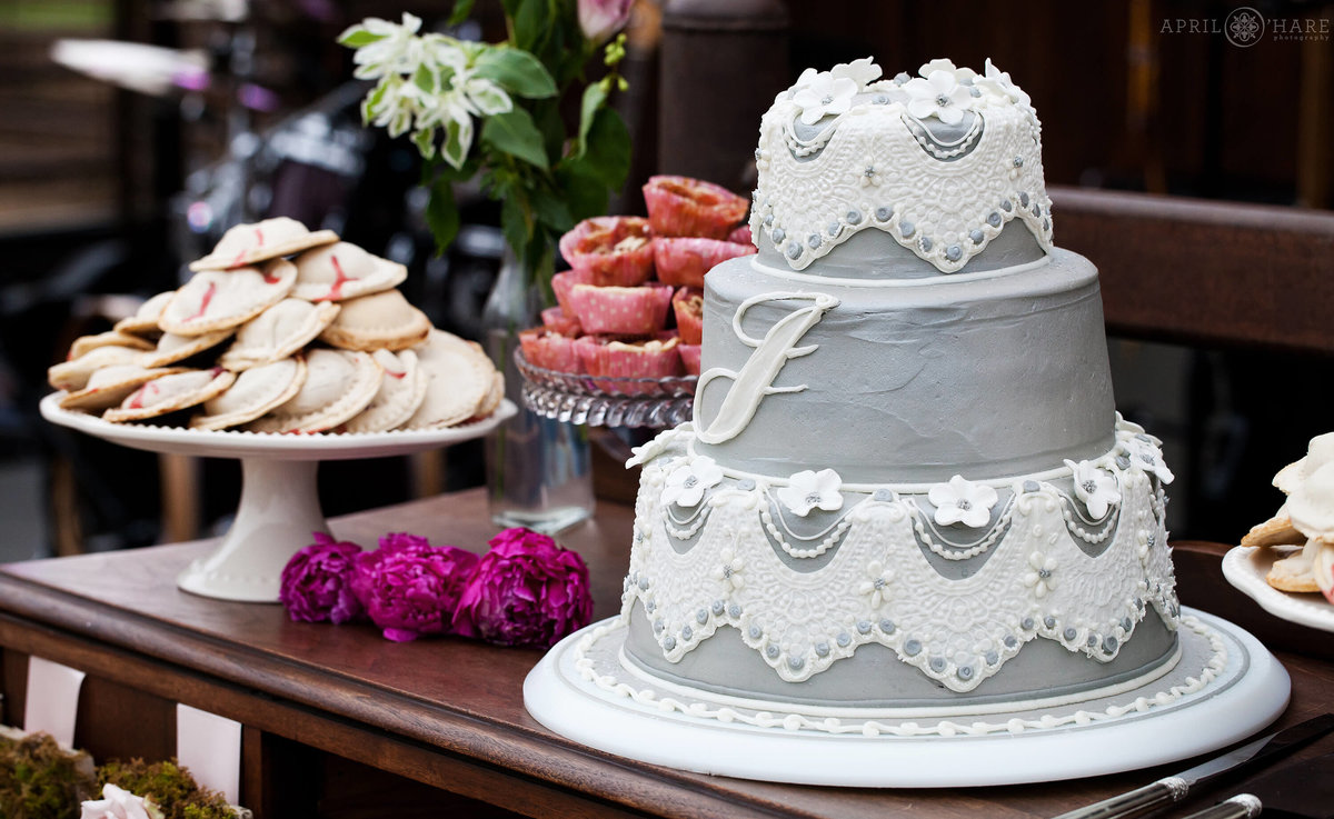 Cute Colorado Country Farm Wedding in Boulder with gray cake with white lace icing
