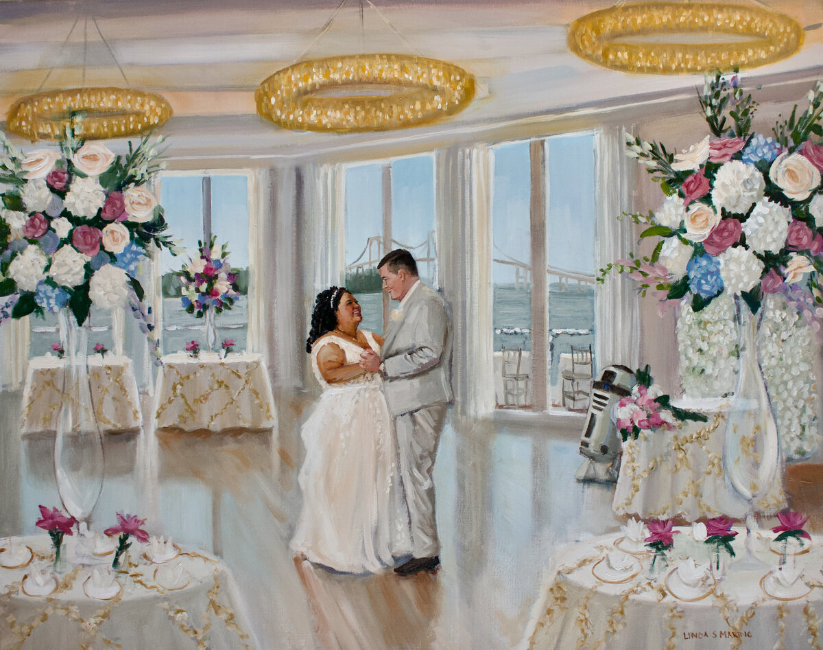 live wedding painting of bride and groom dancing at Newport Island Harbor Resort Newport RI