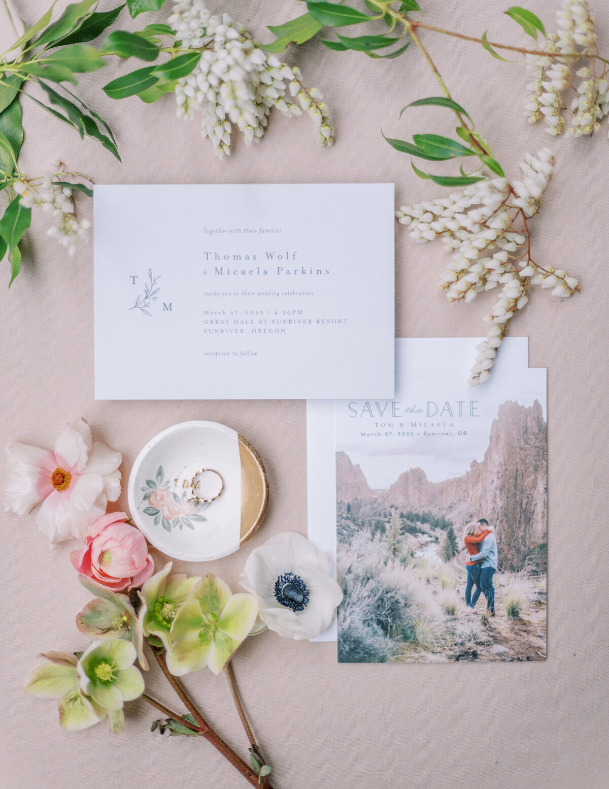 Romantic wedding flat lay with paper goods