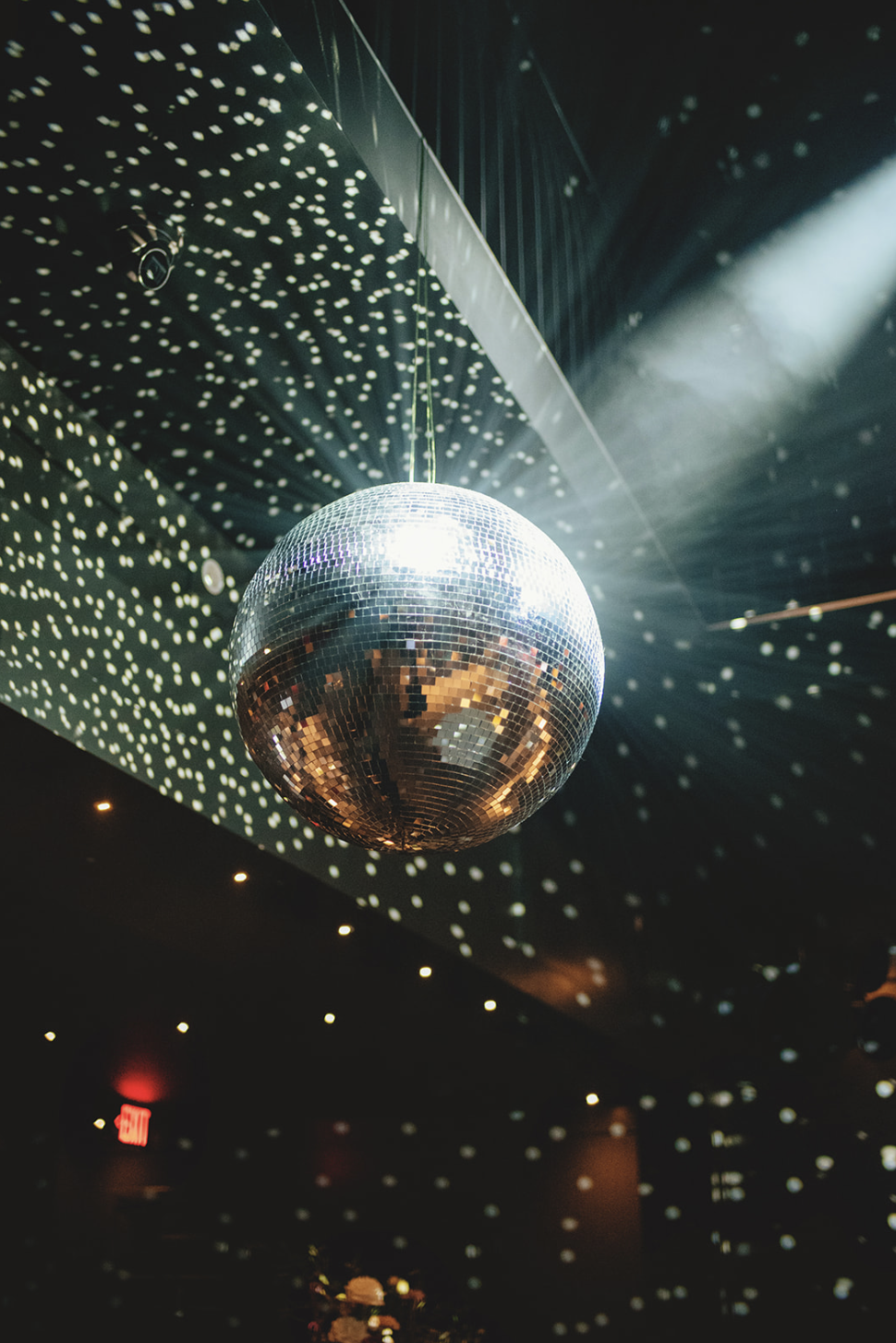 Disco ball shines on wedding dance floor at Holly Blue, Fort Lauderdale.