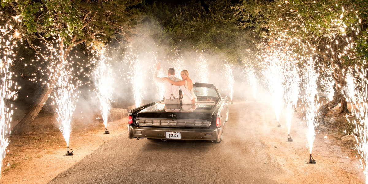 terrace club wedding photographer firework sendoff classic car bride groom convertible 2600 US-290, Dripping Springs, TX 78620