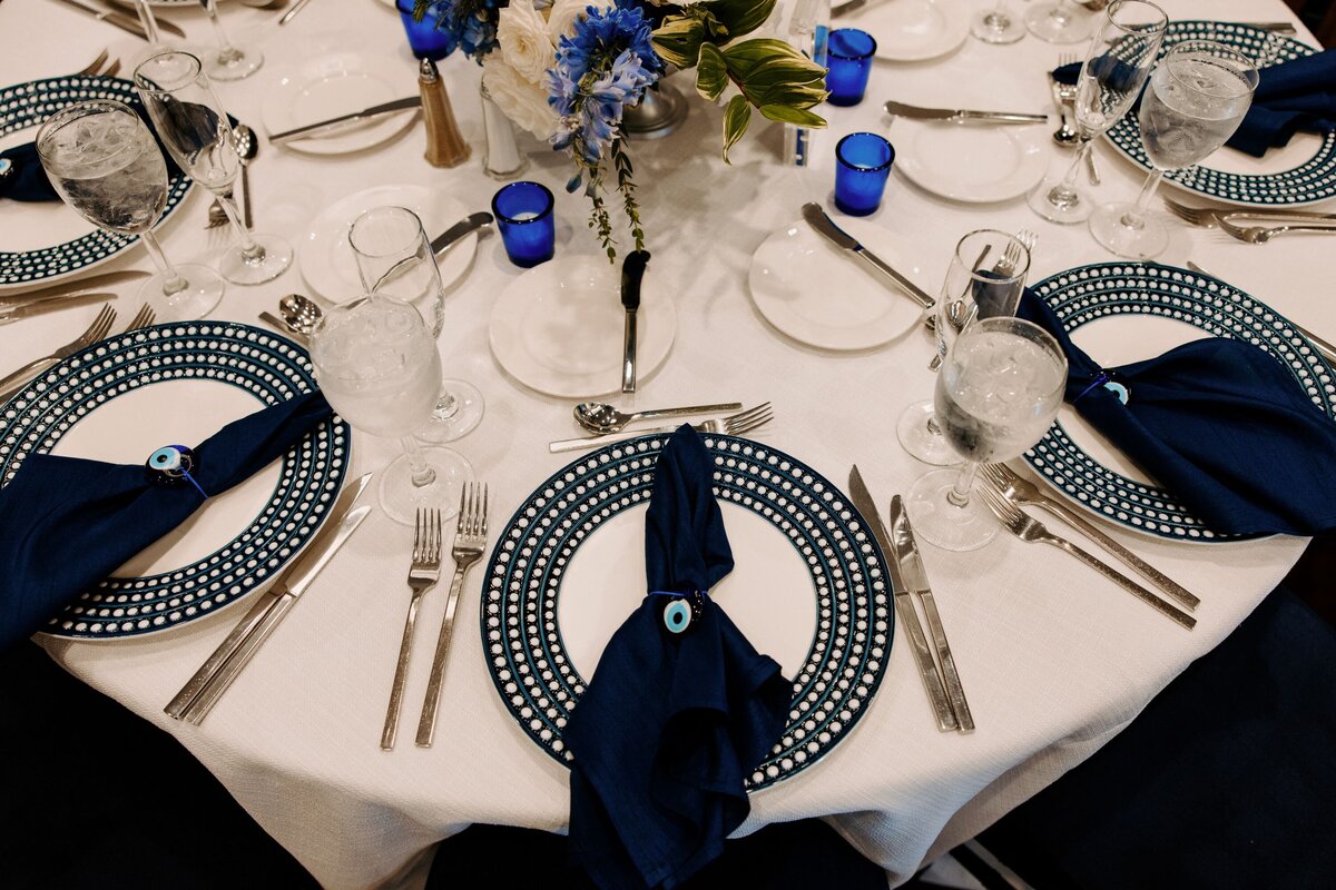 Event-Planning-DC-Wedding-Westin-Georgetown-hotel-jewelsy-photography-tablescape-blue-white-evil-eye-