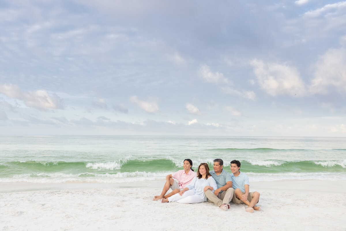 A family sitting at the beach together