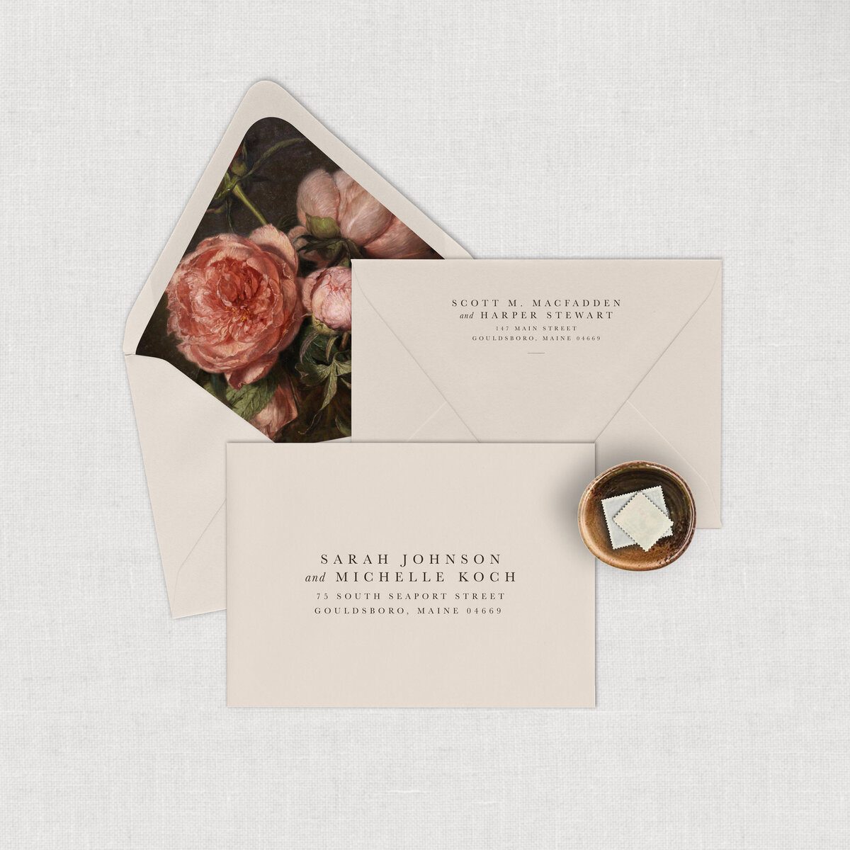 Romantic Wedding Weekend Wedding Invitation printed address envelope with antique printed envelope liner.