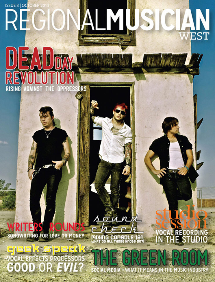 Magazine Cover Regional Musician featuring band photo Dead Day Revolution singer standing in doorway of narrow building two band members on either side