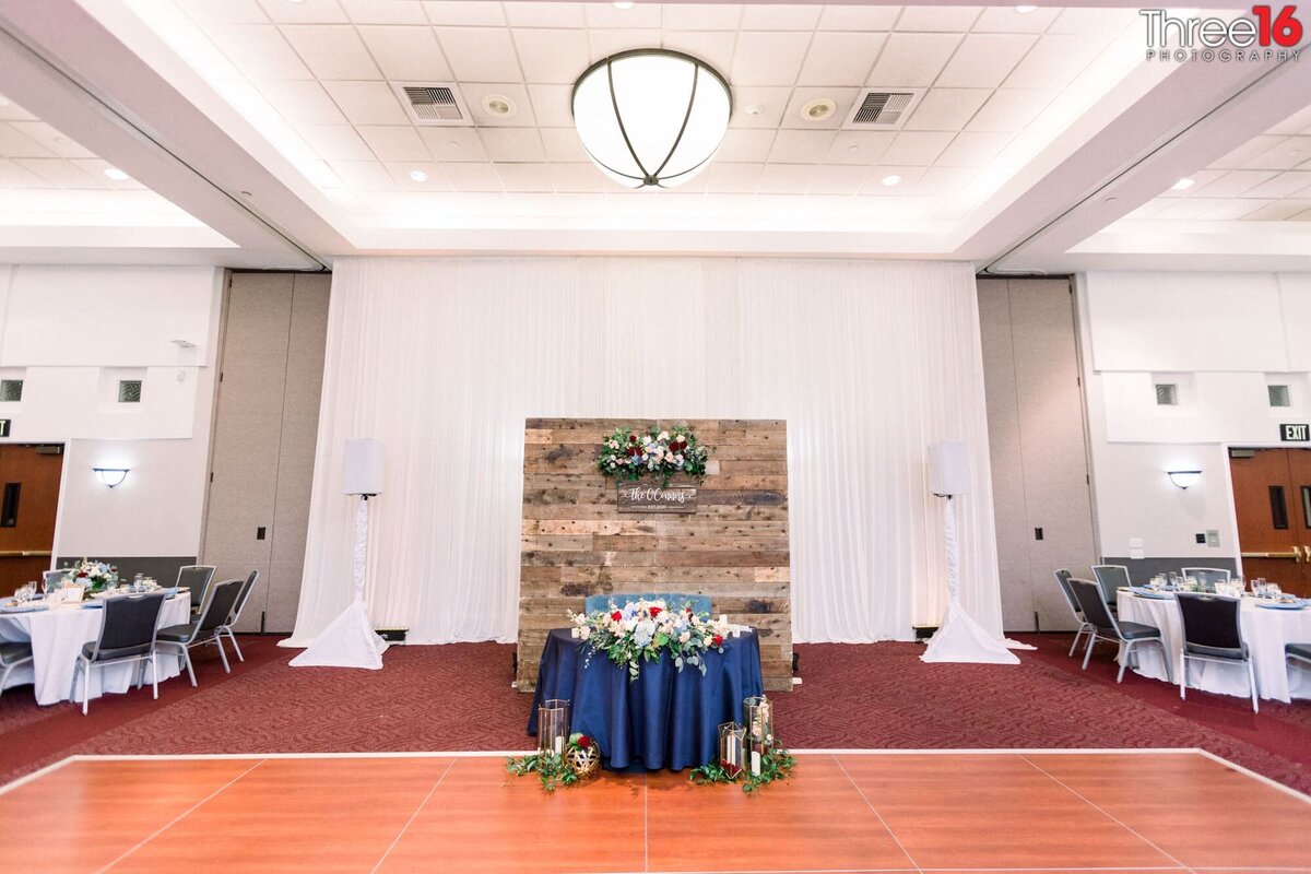 Wedding reception room setup with the sweetheart table at the Yorba Linda Community Center