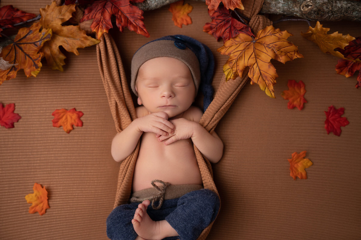 09 Charlotte newborn photo with fall leaves on a swing