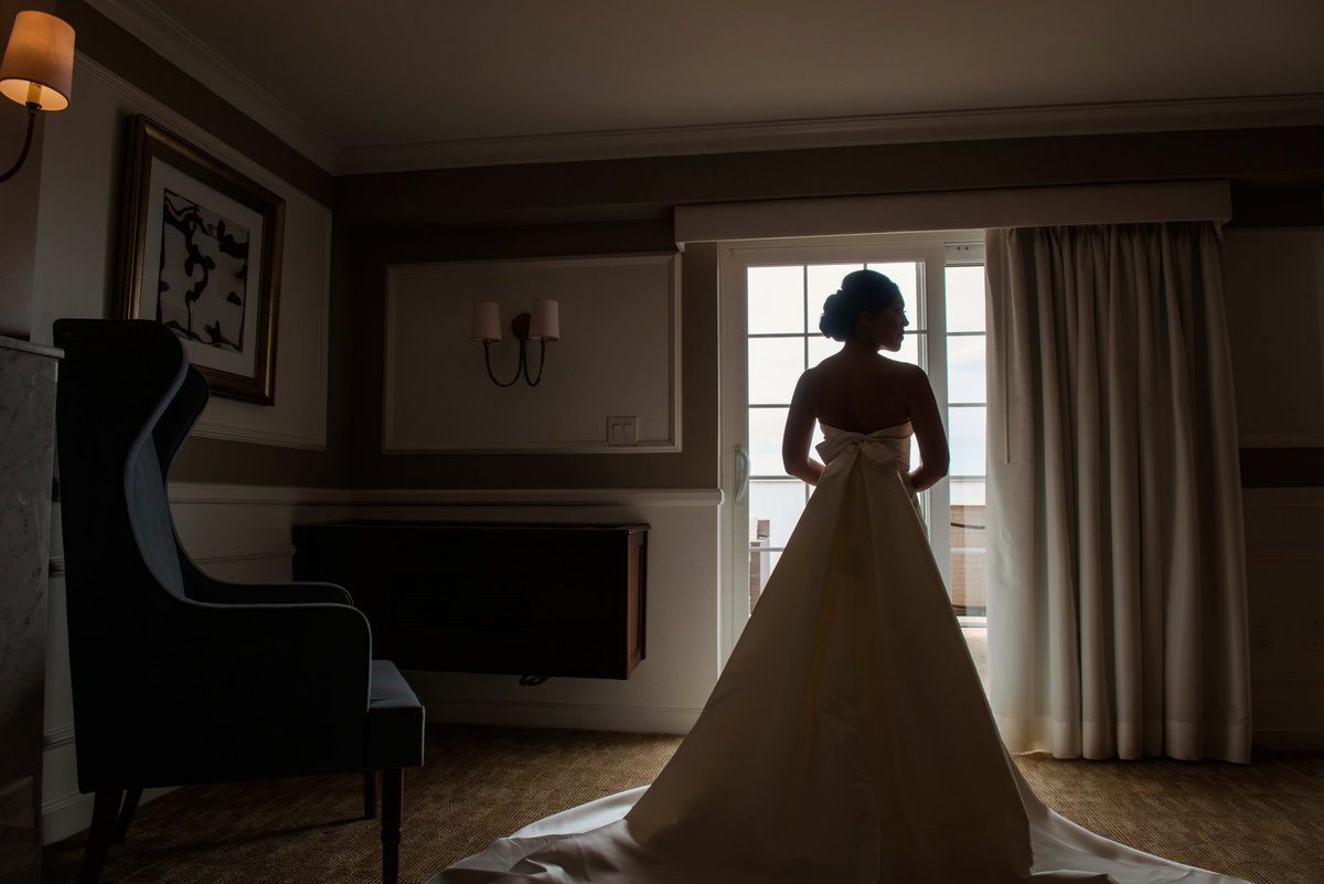 shadowed wedding photo of bride from inside The Garden City Hotel