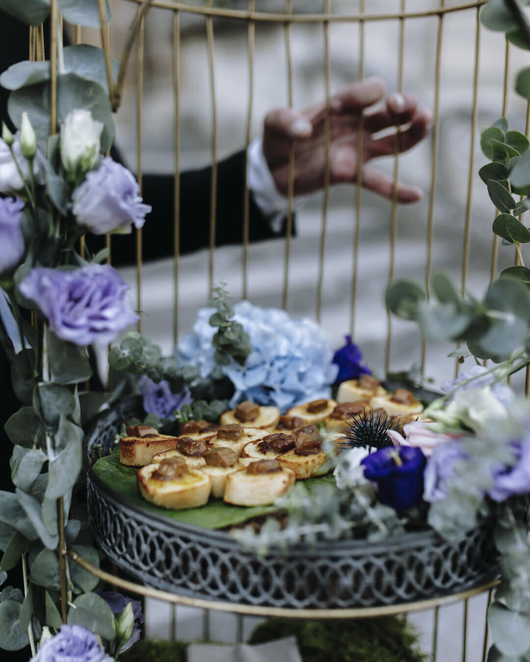 Paris Destination Wedding at Chateau de Chantilly by Alejandra Poupel Events bird cage tray with appetizer 