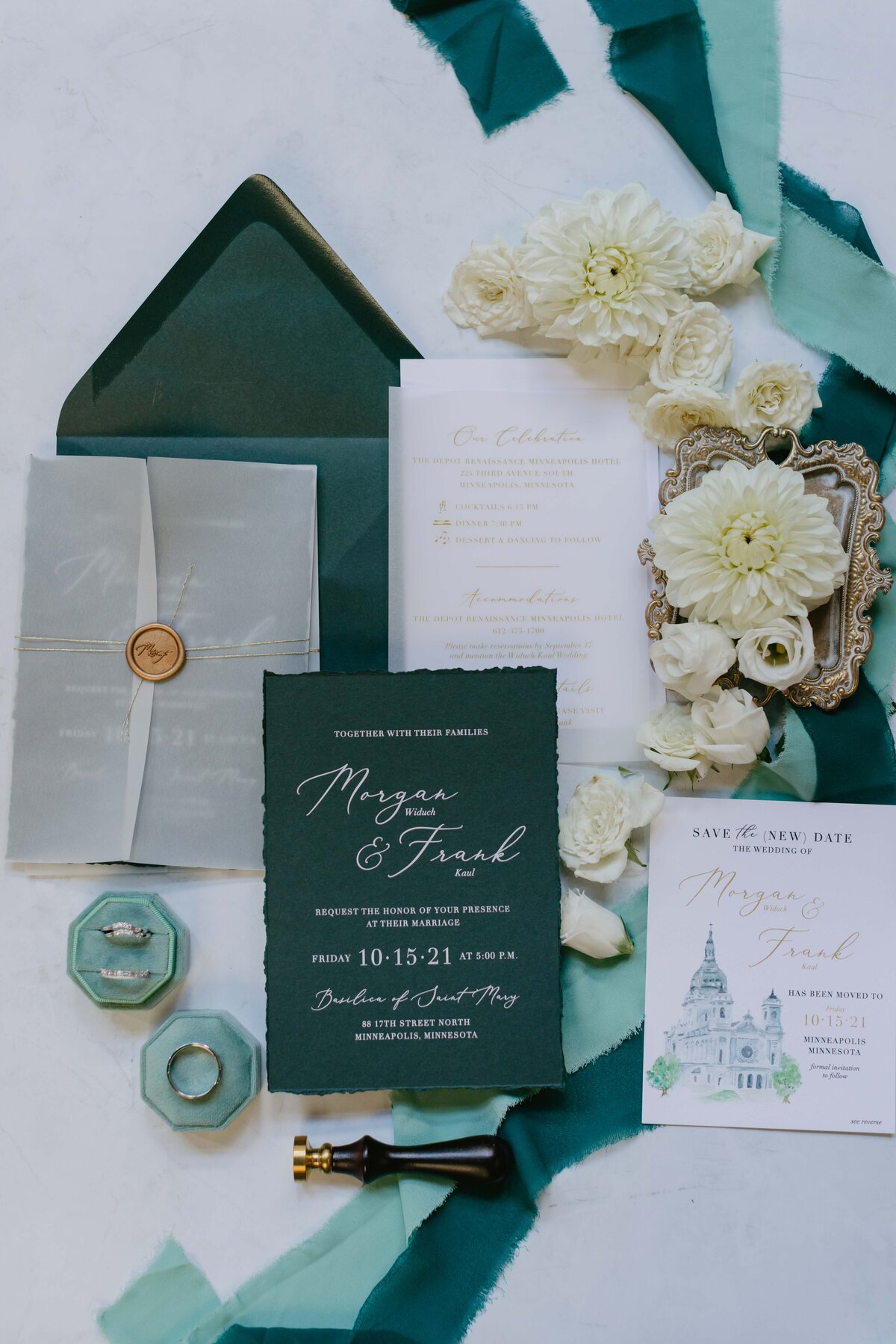 green and teal wedding invitation suite