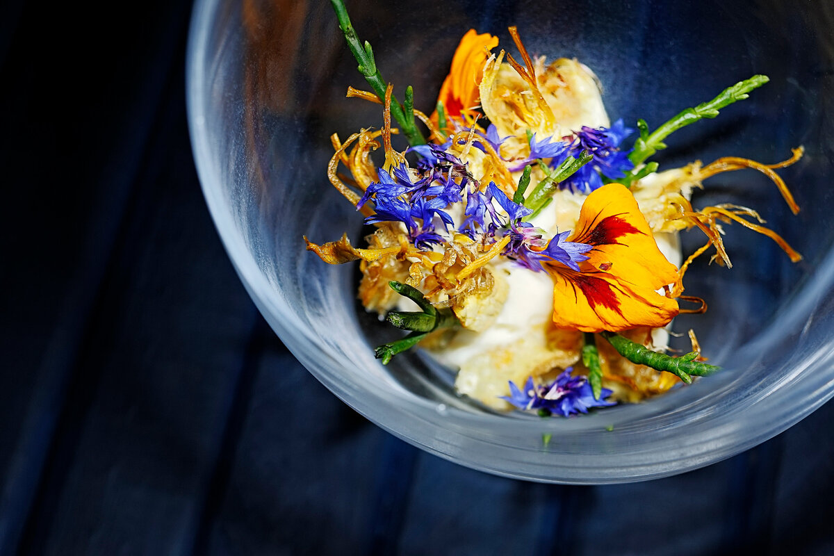 A small colorful dish of food