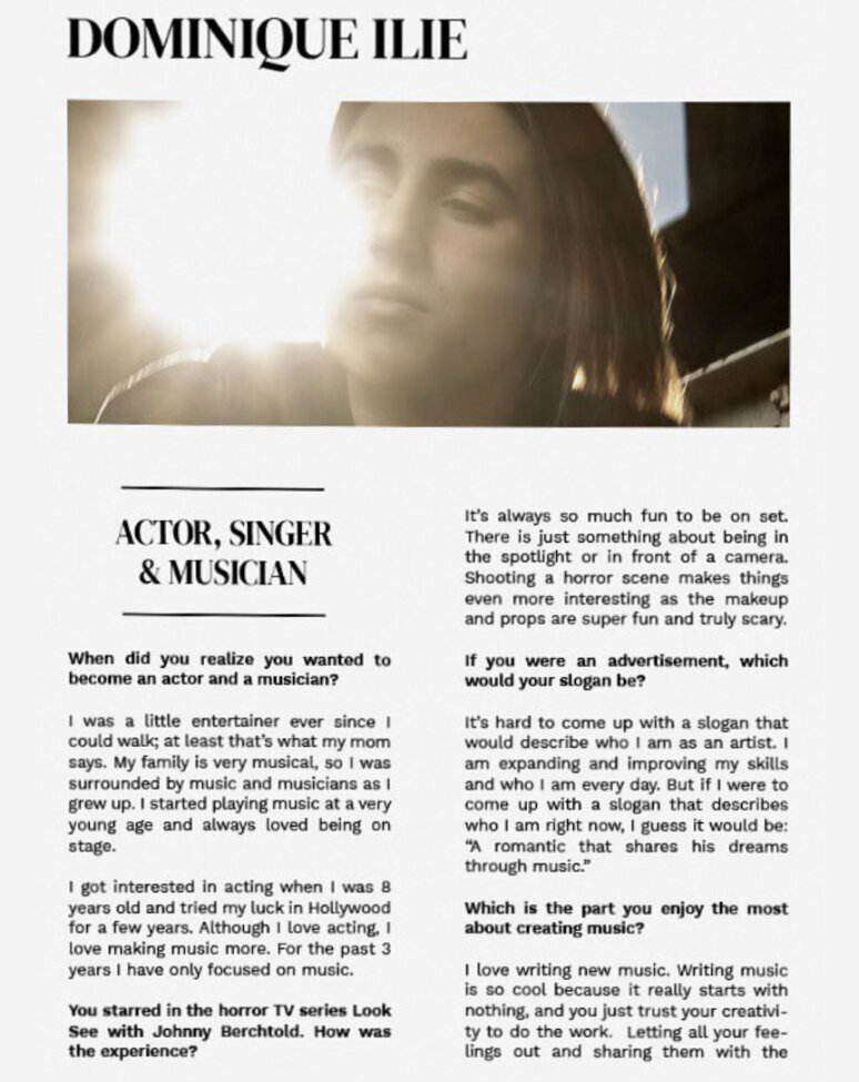 Magazine story Artenzza Doninique Ilea singer sun behind him