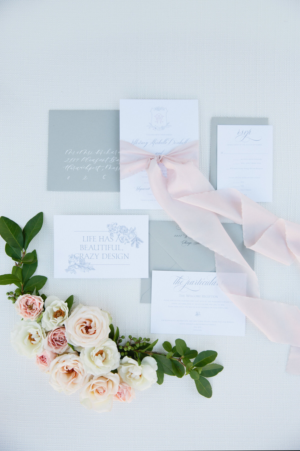 Gray, white and blush wedding invitation for whitney bischoff angel