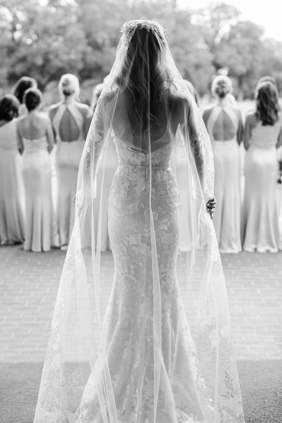 A wedding portrait of the bride standing behind her bridesmaids in her wedding dress