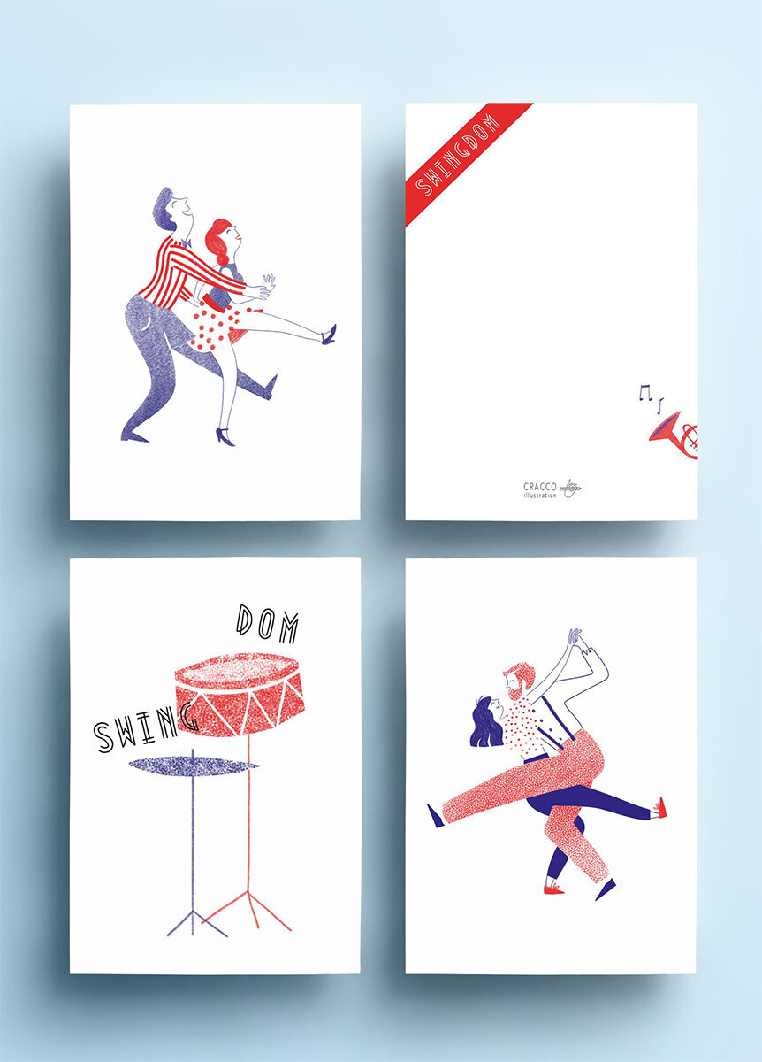 SwingDom - kaarten mockup - illustratieve huisstijl - cracco illustration