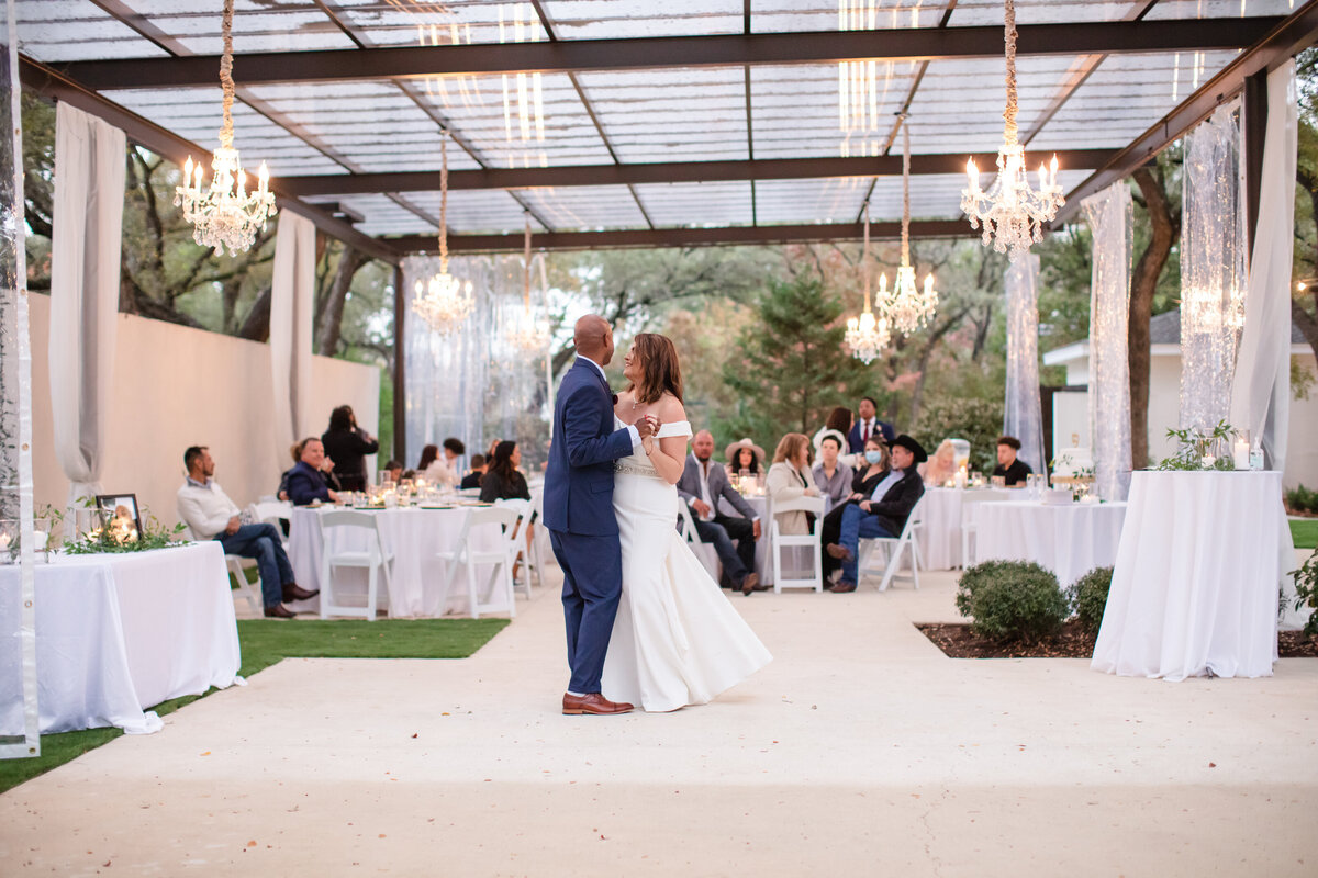 bride and groom's first dance outdoor reception  in San Antonio Texas