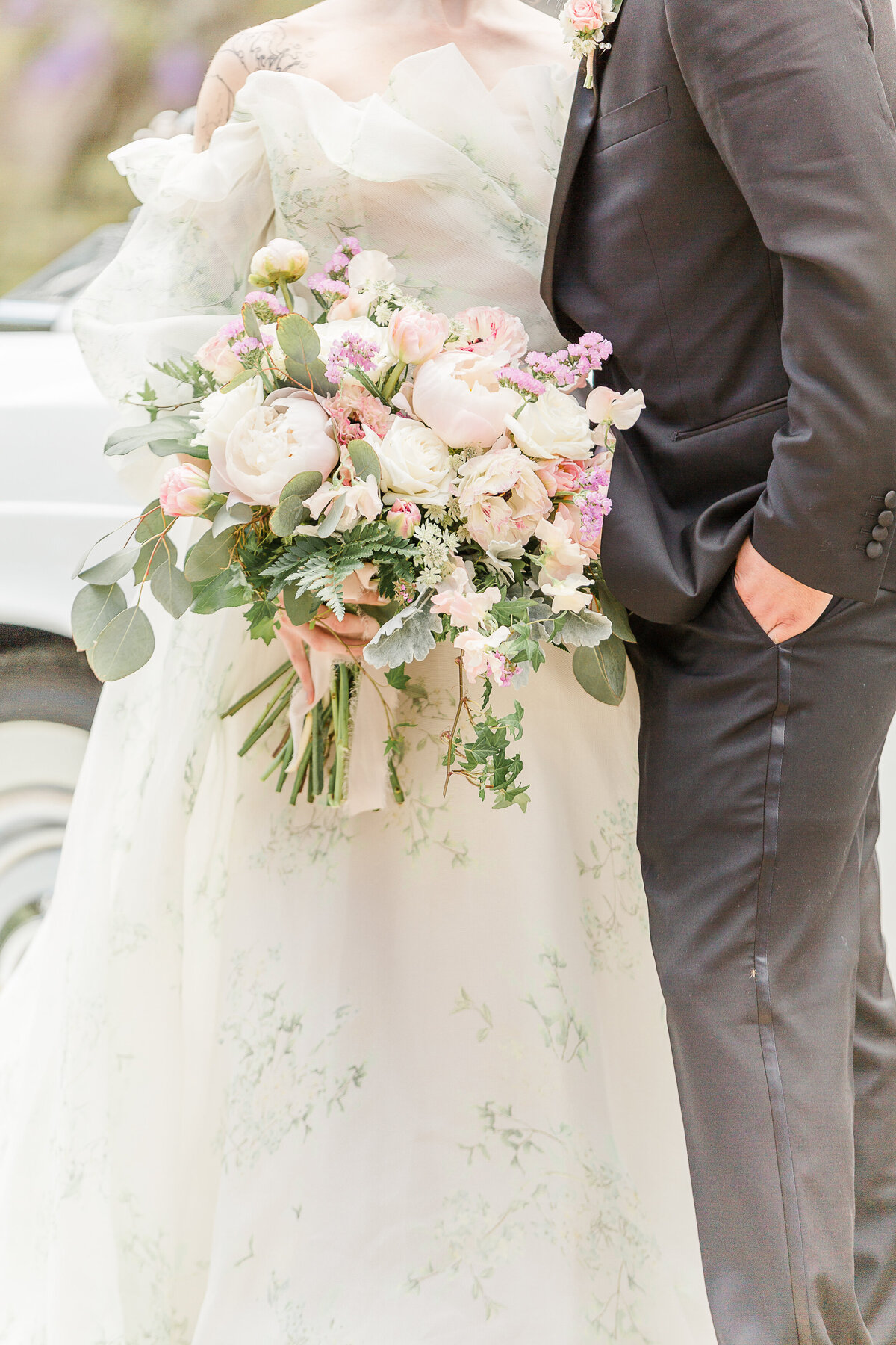 Detail image of bridal bouquet.