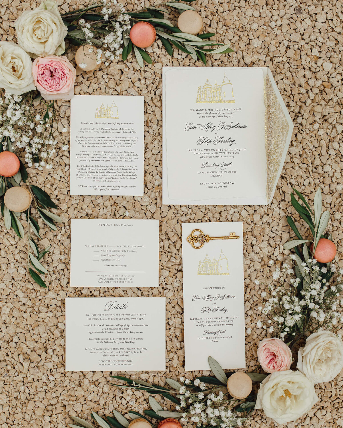 Gold foil letterpress wedding invitations with venue illustration